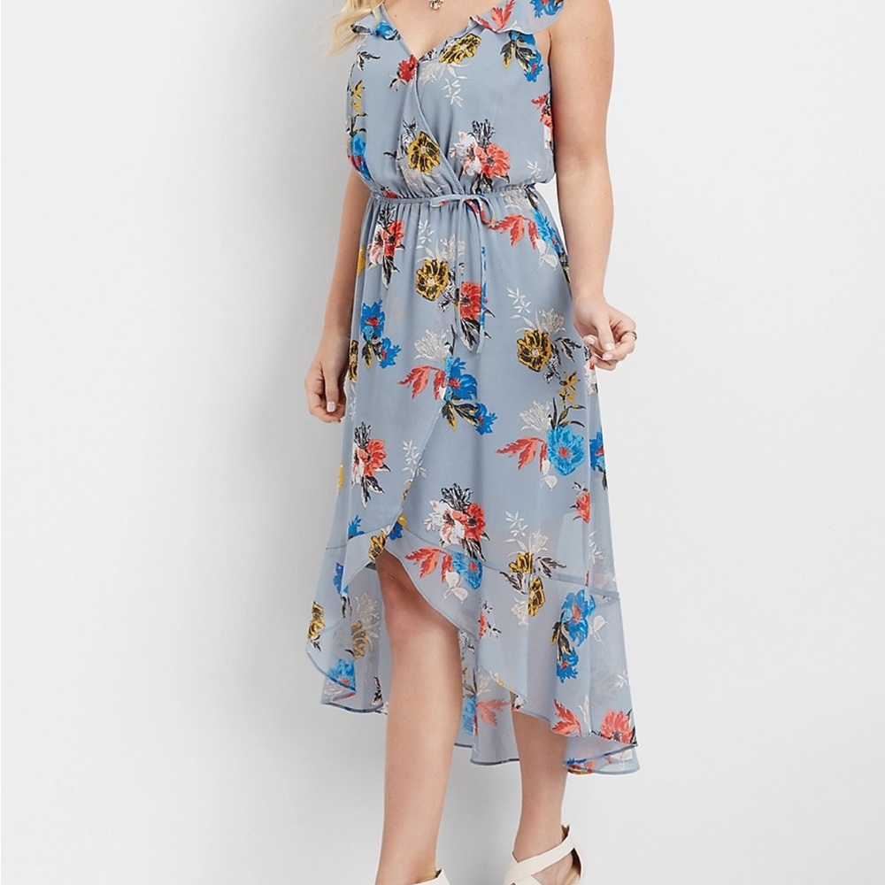 Maurices Dress sz XL Floral Print Sleeveless Dress ruffled low high Easter dress